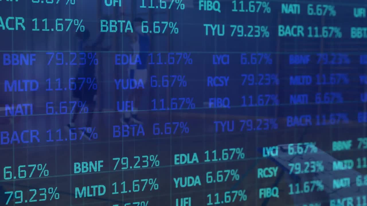 Animation of financial data processing over diverse group of female basketball players at gym