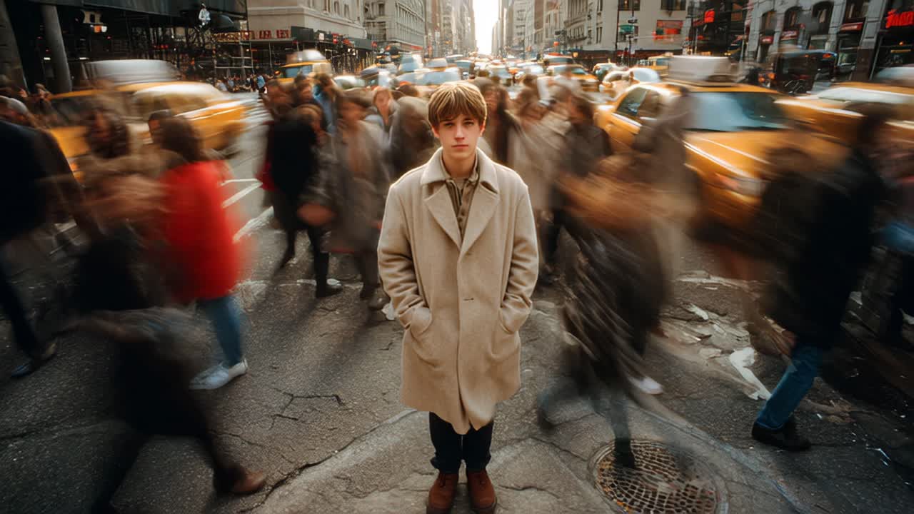Urban commotion man observing busy city street