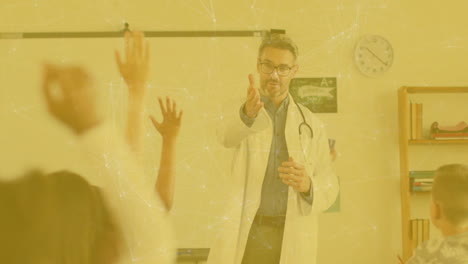 doctor in classroom teaching children, network connections animation over scene