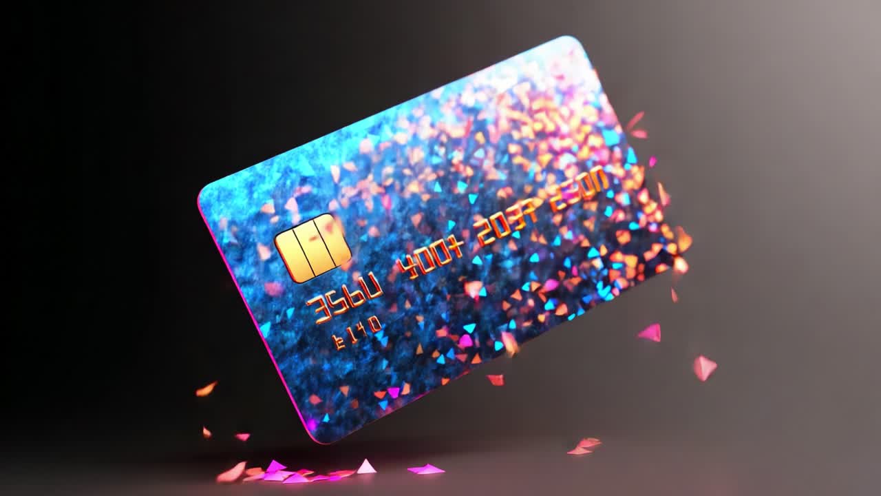 A Visually Stunning Representation of a Credit Card Form, Sparkling with Multicolored Triangles and Dynamic Energy, Capturing the Essence of Modern Digital Transactions and Payment Technologies