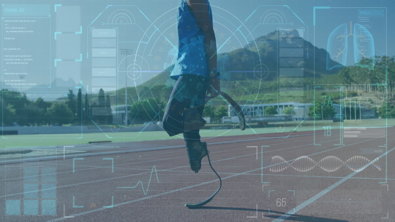 animación de pantalla digital sobre hombre afroamericano con entrenamiento de hoja de correr en el estadio.