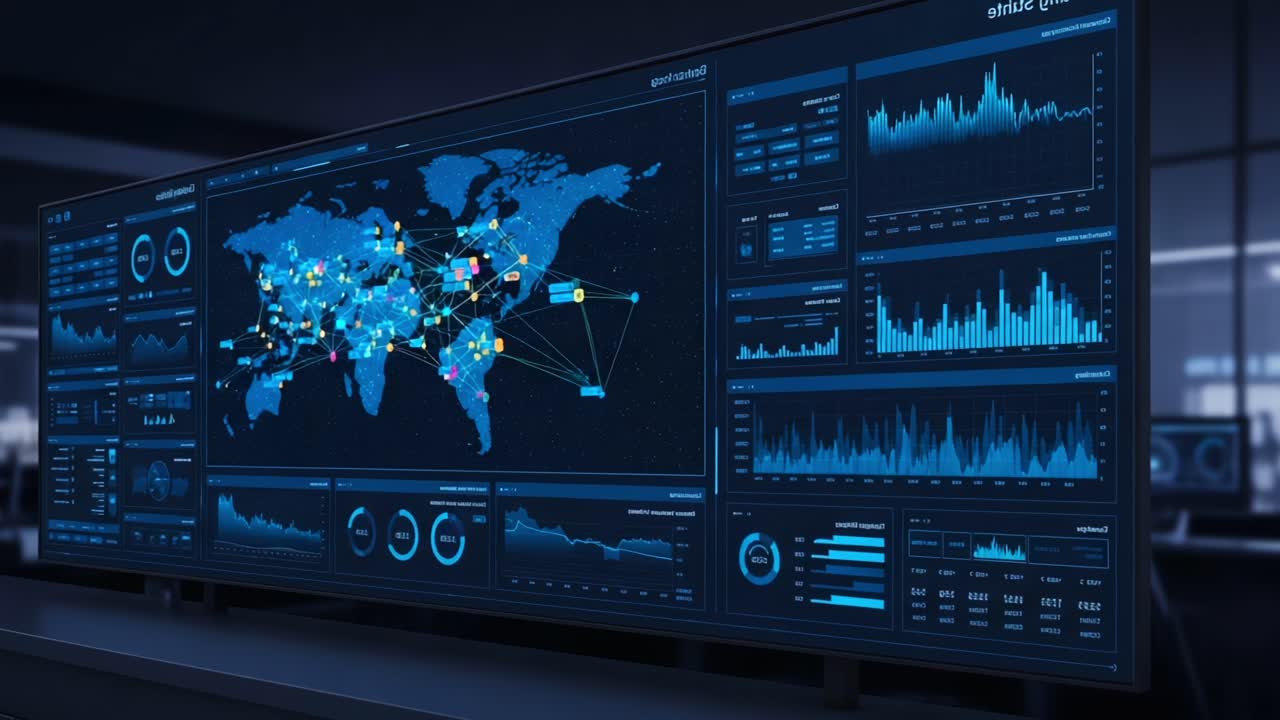 Advanced Data Visualization Dashboard Showcasing Global Connections and Analytics in a High-Tech Environment