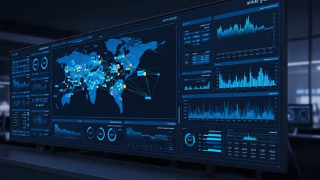 advanced data visualization dashboard showcasing global connections and analytics in a high-tech environment