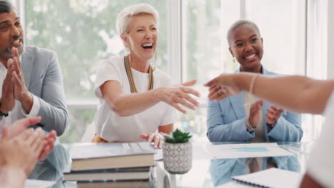 Handshake, applause or woman with success