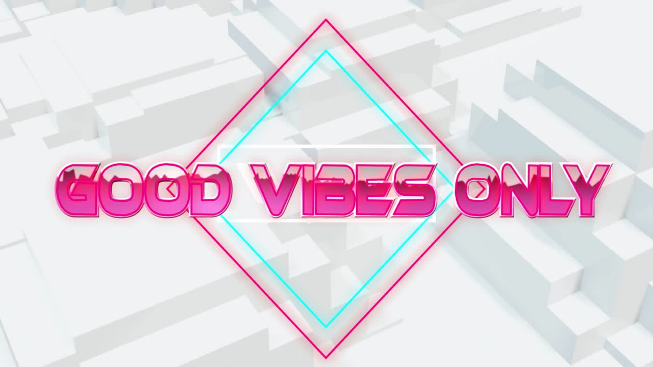Text animation with Good Vibes Only over colorful geometric shapes background