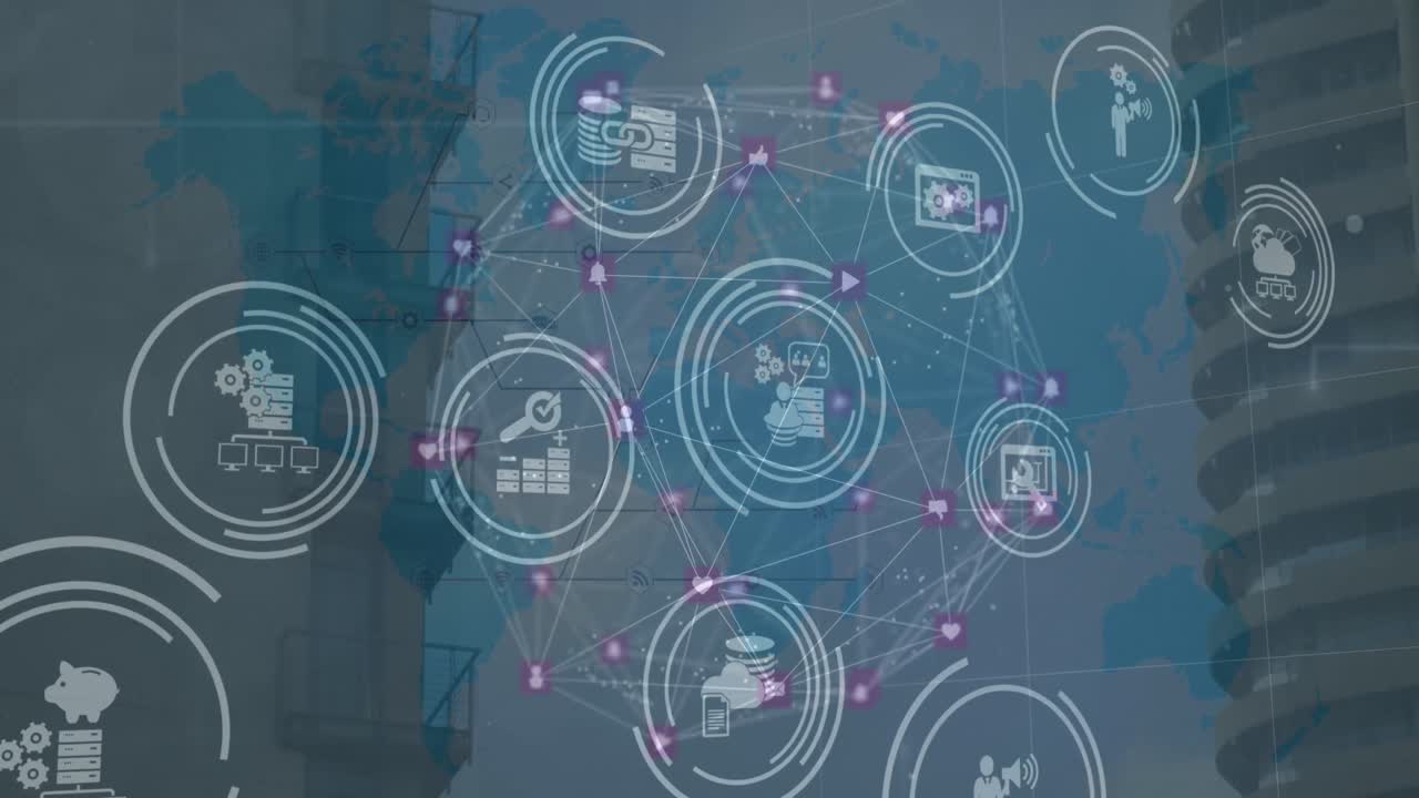 animación de la red de conexiones con iconos en todo el mundo