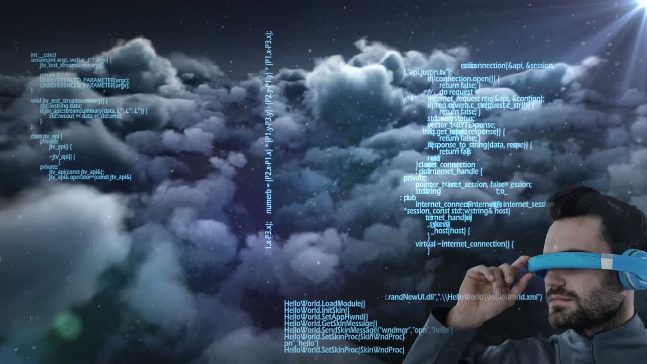 Caucasian man wearing vr goggles over data processing against spot of light and dark clouds