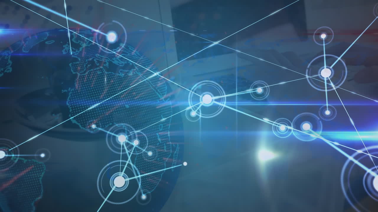 animación del globo con una red de conexiones con puntos brillantes sobre el portátil