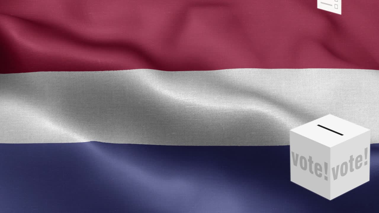 투표용지는 네덜란드를 위해 투표함에 날아갑니다. 선택 - 발 앞의 투표용지 - 선거 - 투표 - 네덜란드의 발 - 네덜란드 발 높은 세부 사항 - 국가 발 네덜란드 파동 패턴 루프 가능한 요소 - 직물 질감과 끝없는 루프