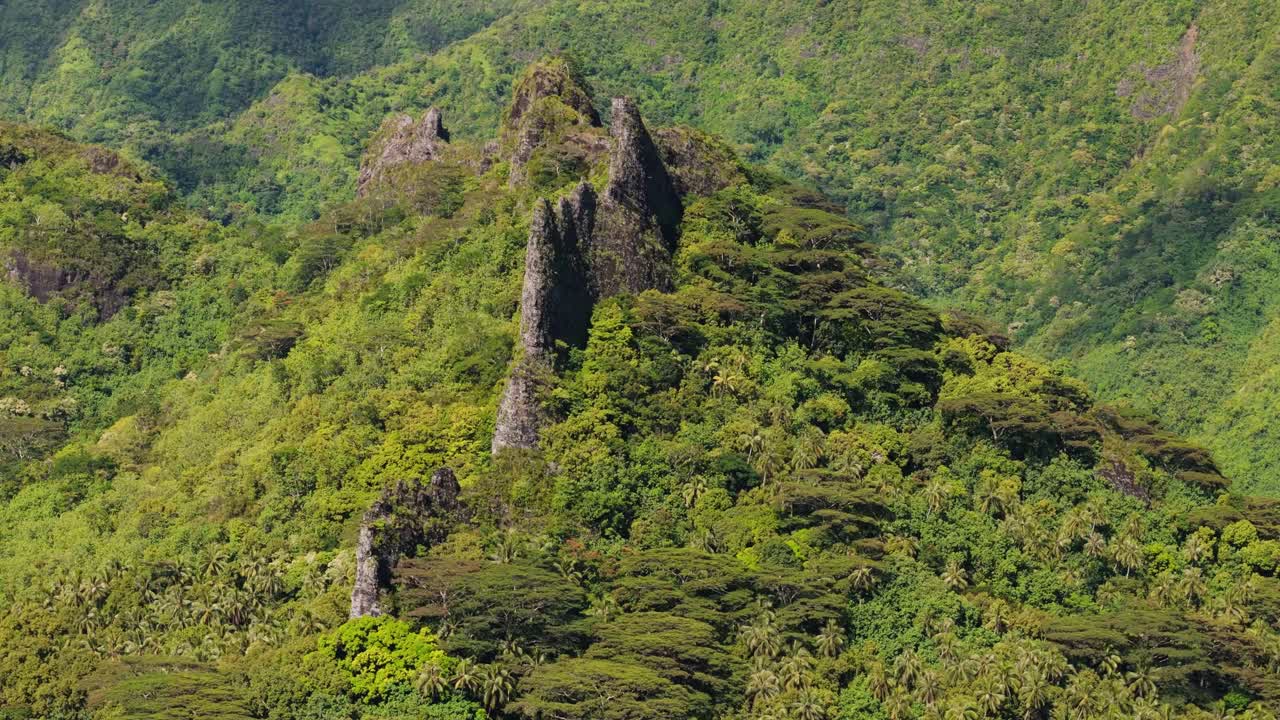 vuelo cinematográfico de drones alrededor de una gran formación rocosa en la isla de moorea en la polinesia francesa