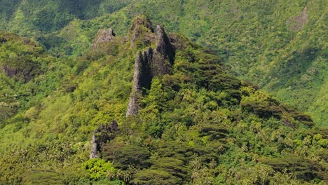 Cinematic-drone-flight-around-large-rock-formation-on-island-of-Moorea-in-French-Polynesia