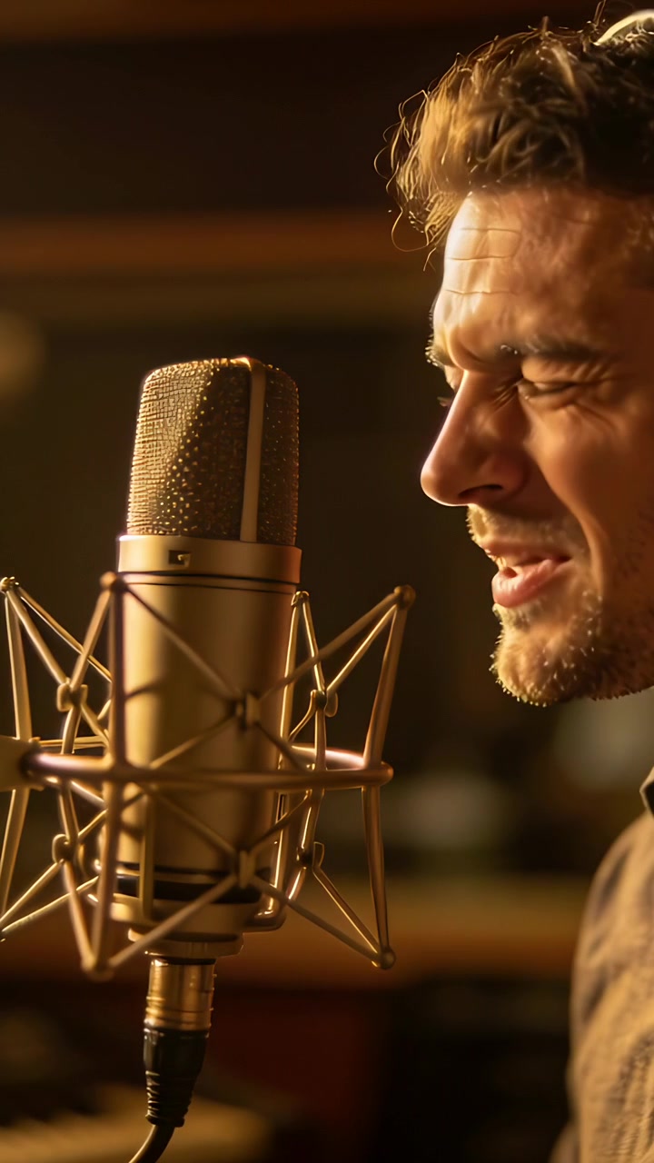 Video verticale: Cantante che inspira e canta in un microfono da studio per la registrazione, indossa un top scuro, spazio per il testo