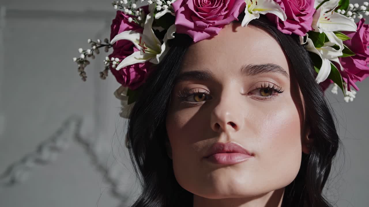 donna con un copricapo floreale