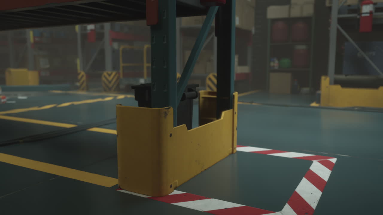 primer plano del guardia de seguridad amarillo en una unidad de estantería de acero en un almacén