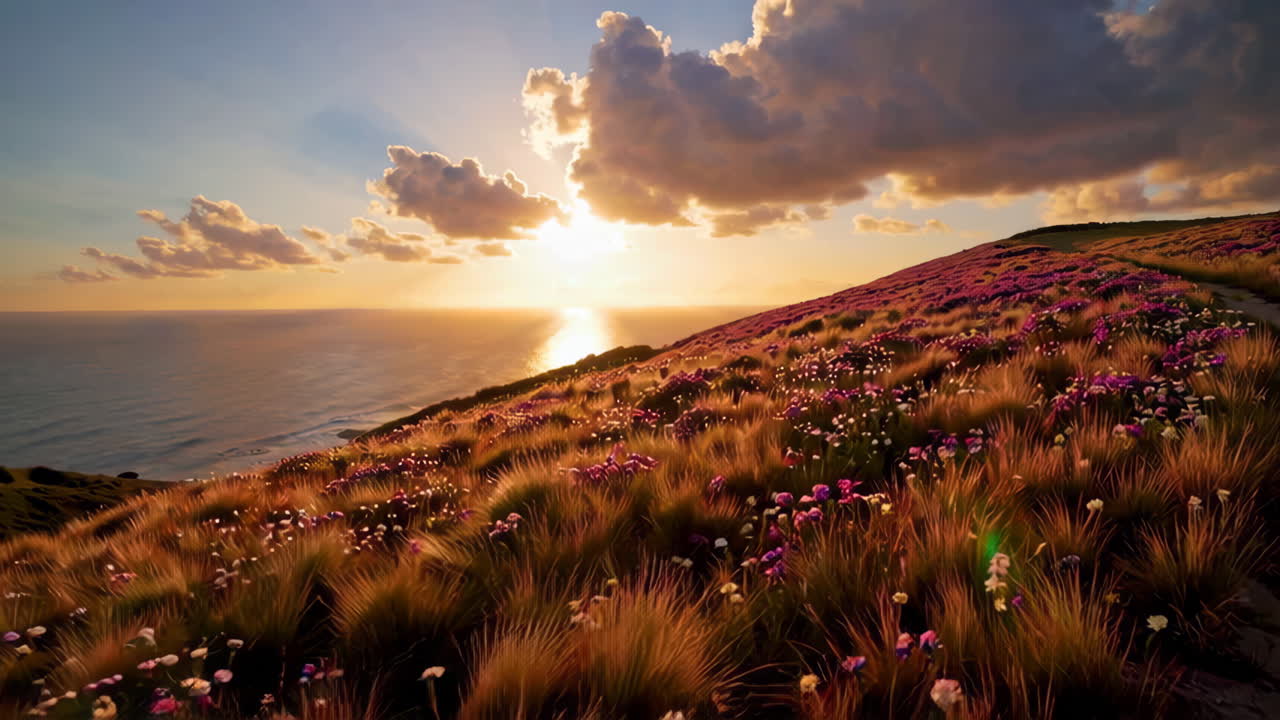 야생 꽃 과 바다 전망 이 있는 언덕 위 의 해가 지는 것