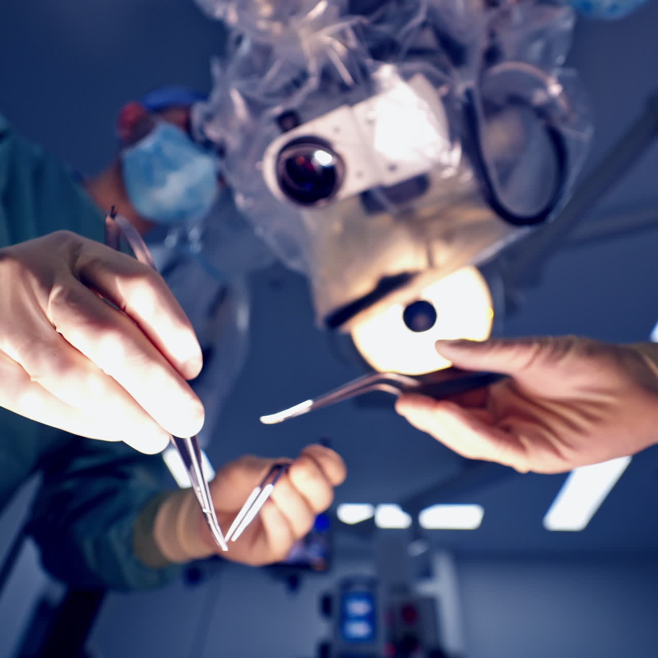 Medical equipment. close up picture of an operating microscope in a laboratory. Ophthalmologist. health, ophthalmology concept. View from below.