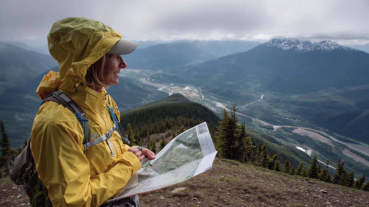 Outdoor travel scene of a woman in yellow rain jacket holding a paper map on a mountain viewpoint, looking over a winding river valley and distant peaks