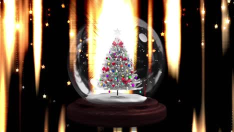 Animation-of-snow-globe-with-christmas-tree-over-glowing-lights-on-black-background