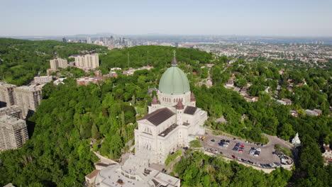 aerial view backwards away from the saint joseph's oratory in sunny montreal