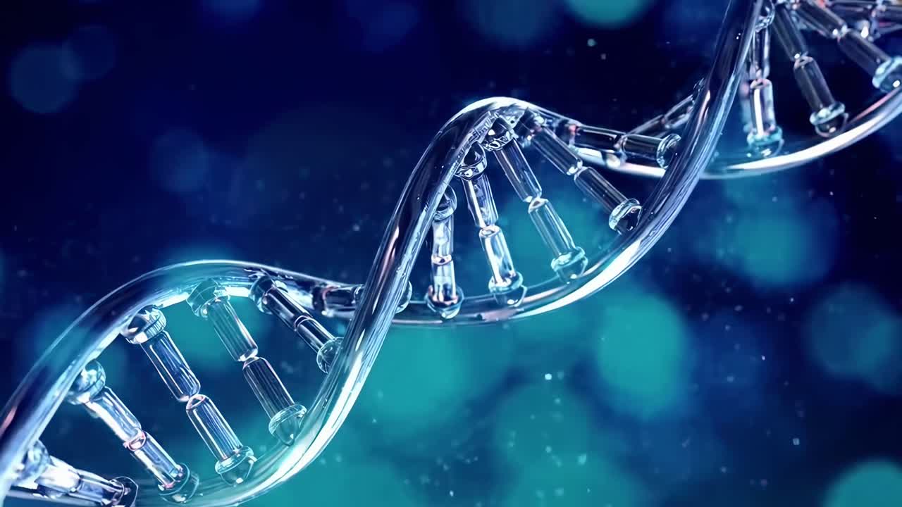 Primo piano, vista angolata di un filamento di DNA con sfondo bokeh blu, perfetto per un video scientifico
