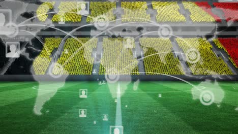 animation of network of connections, world map over belgian flag on empty stands in sports stadium