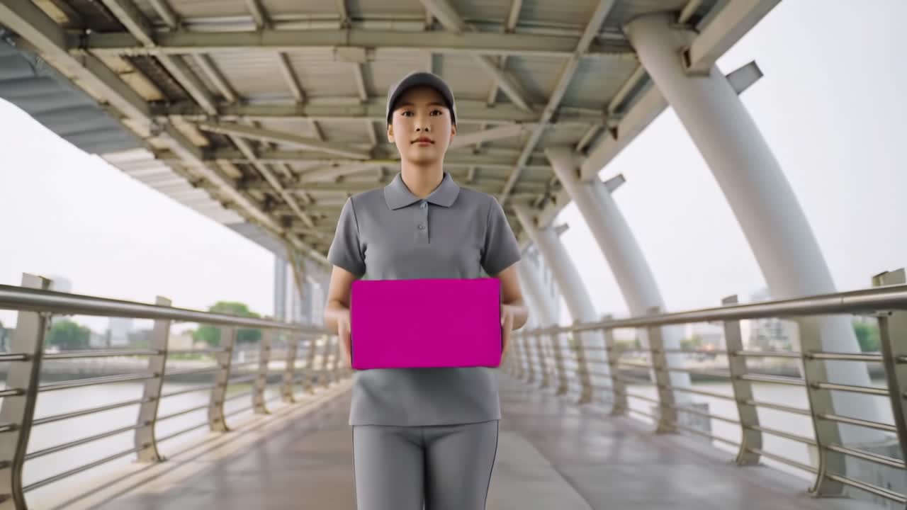 A Dedicated Delivery Professional Navigates an Urban Walkway, Effectively Transporting a Vibrant Pink Package with Purpose and Precision