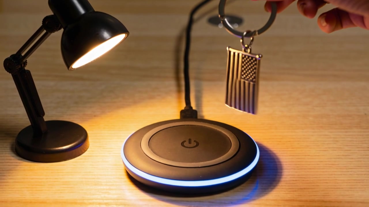 Reaching right hand pink-nailed lifting American-flag keyring above glowing pad on wooden desk