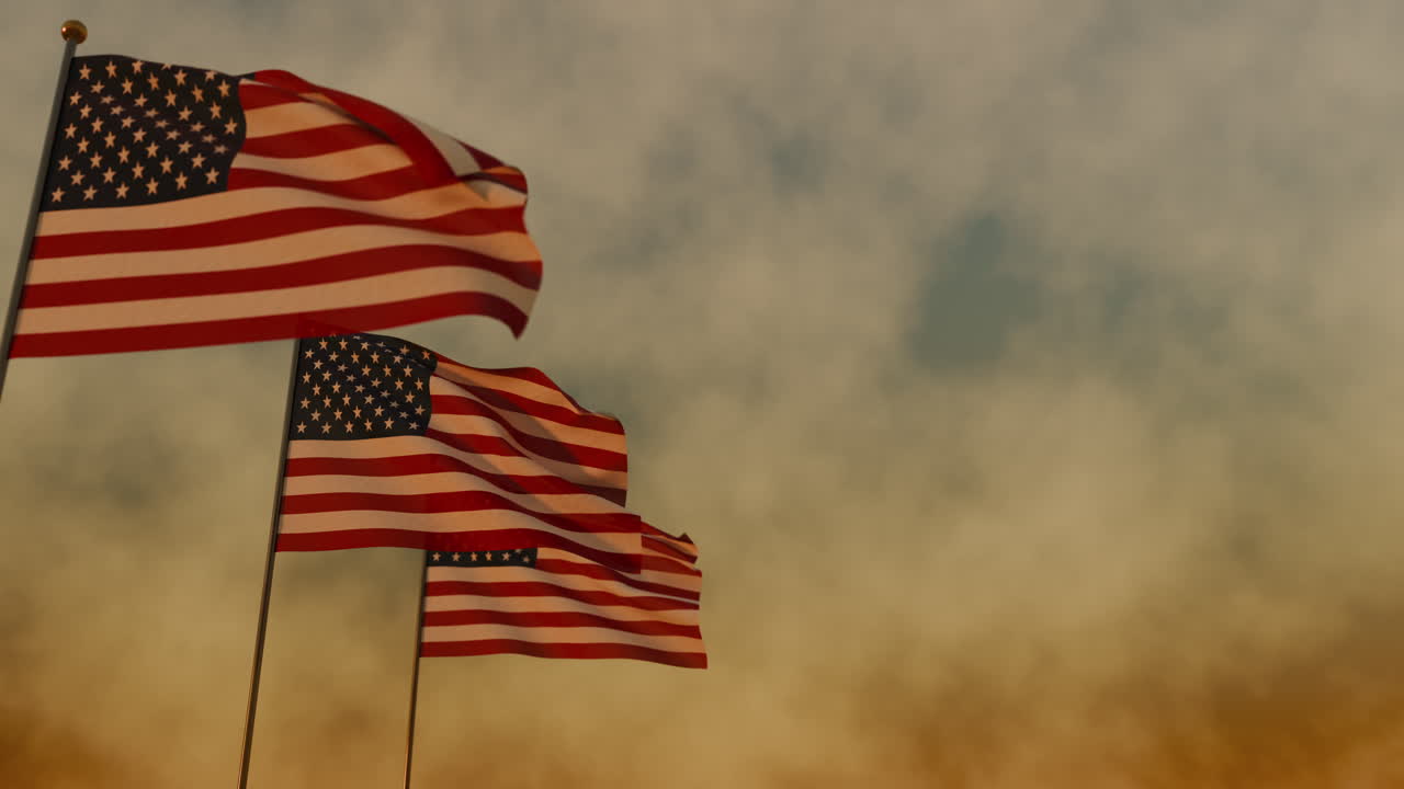 Three American flags on the left and copy space on the right in the sky