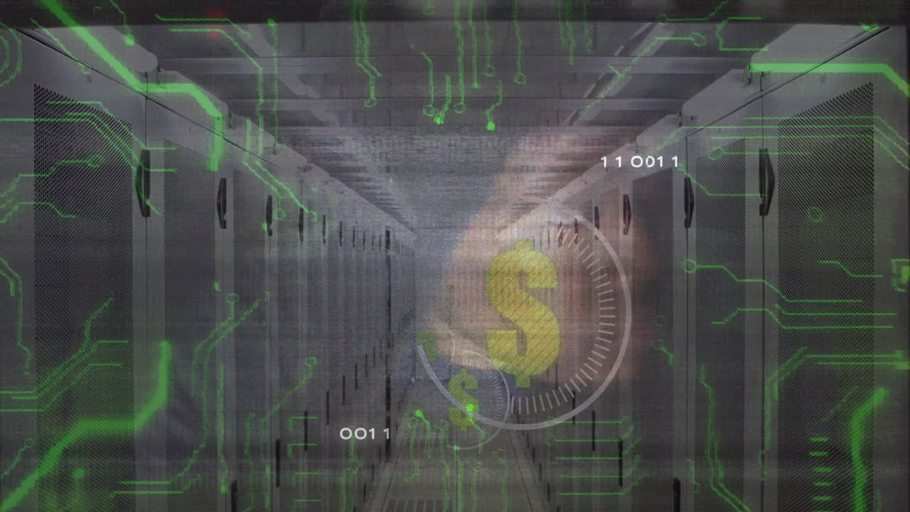Binary digits appearing on racks dollar gauge emerging circuits weaving conveying finance data flow