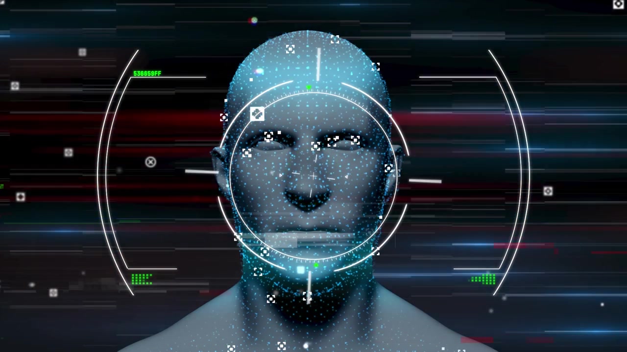 Animazione di elaborazione dati e scansione su testa umana digitale
