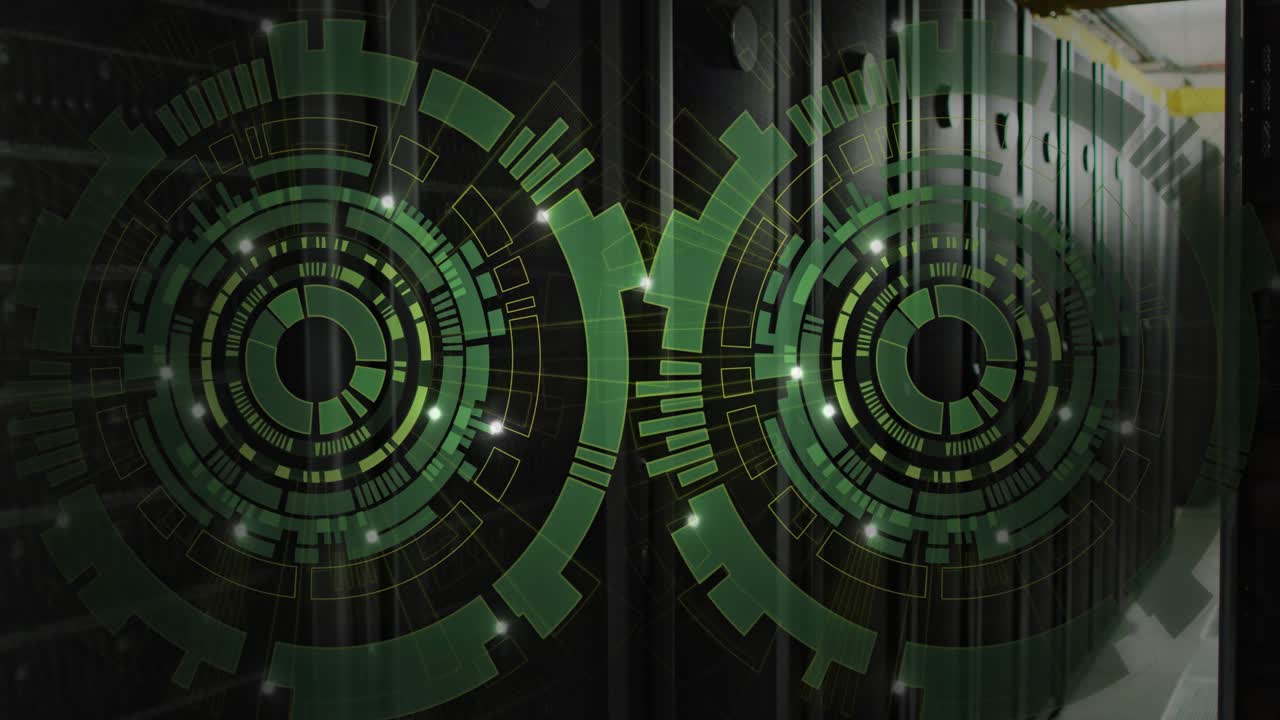 On scan starting two green HUD circles rotating opening pulsing gap sparks moving showing servers