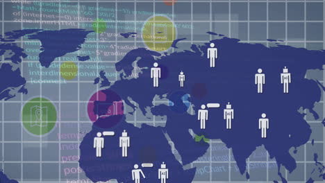 animation of human icons on digital world map and circles with grid pattern over gray background