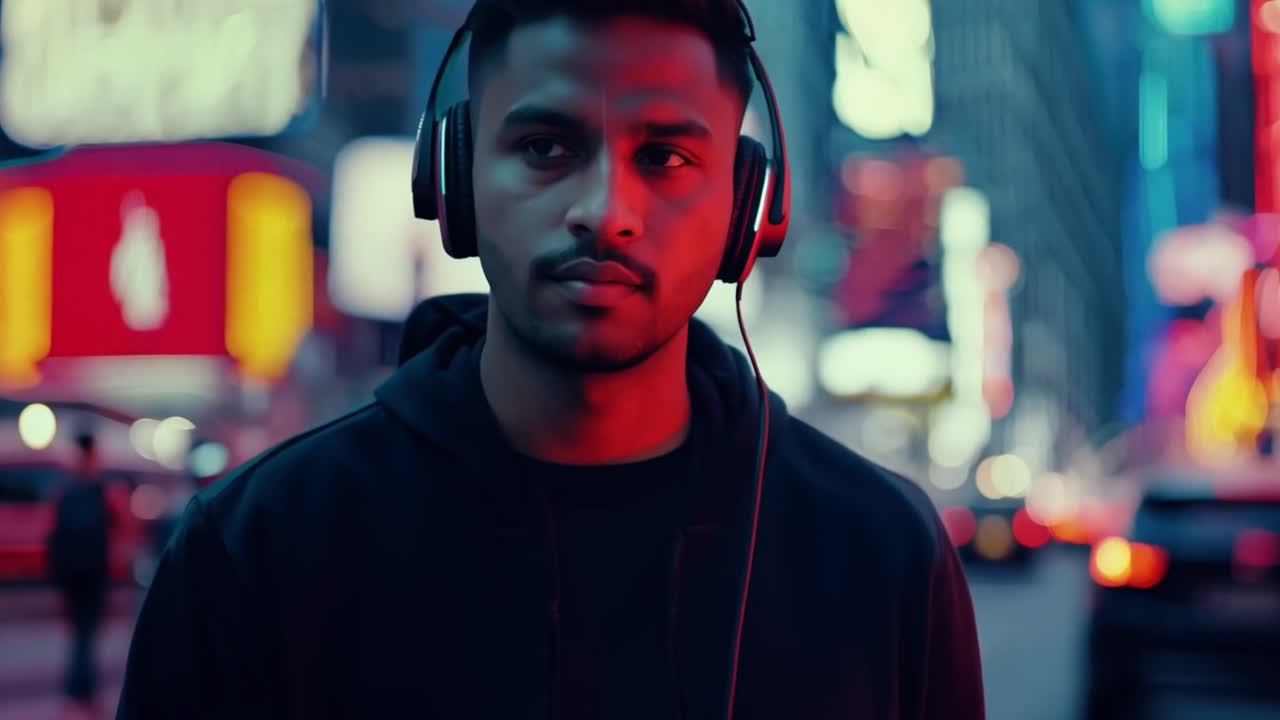 Man with Headphones in City at Night