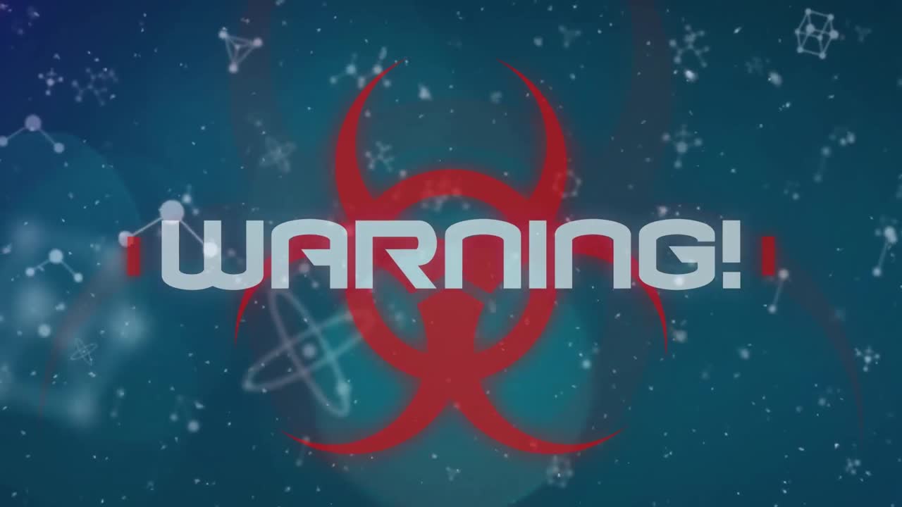 녹색 바탕에 있는 빛의 반점과 분자 구조 위에 있는 생물학적 위험 기호에 대한 경고 텍스트