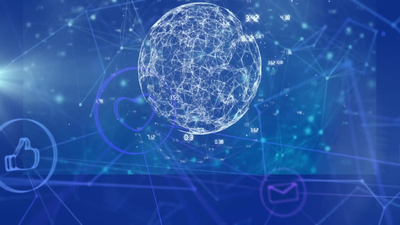 Animation of data processing over screens and network of connections on blue background