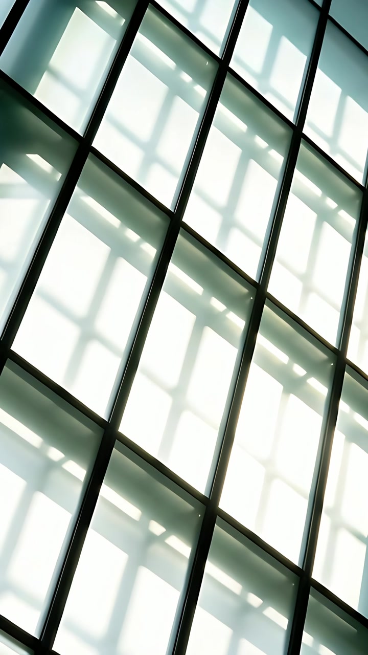Vertical video: Panning camera upward filming lobby glass wall, mullions casting grid shadows