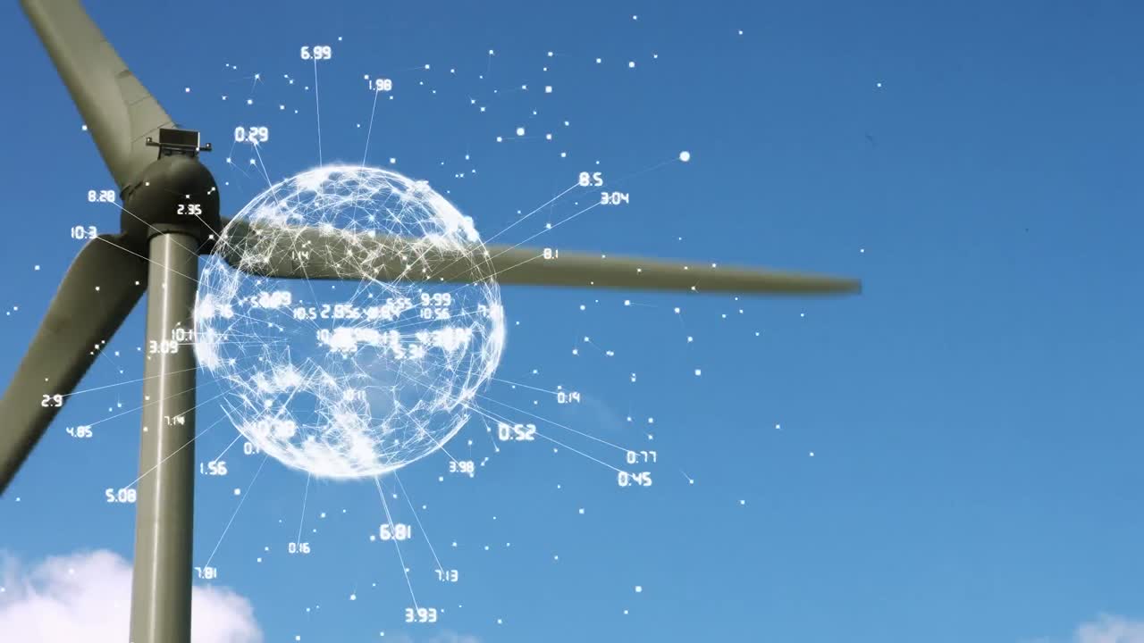 animación del globo con números sobre la turbina eólica en el campo