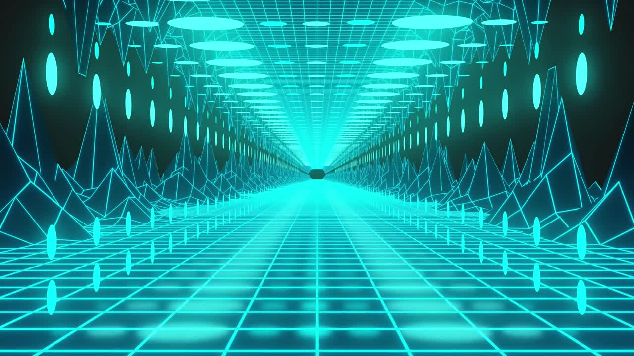 Animation of green neon spots over digital tunnel