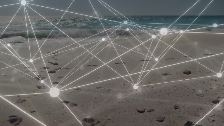 Translucent digital mesh activating from bright node, expanding and scanning beach to map terrain