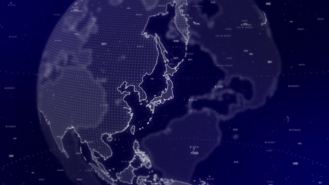 영화적 비디오 배경은 디지털 지구가 회전하고 일본 국가를 확대하는 것을 보여줍니다.