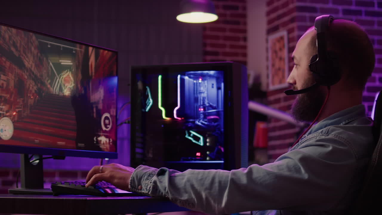 Caucasian man enjoying video game playing action first person shooter tournament
