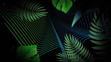 animation of green and blue curved lines, with green leaves moving on black background