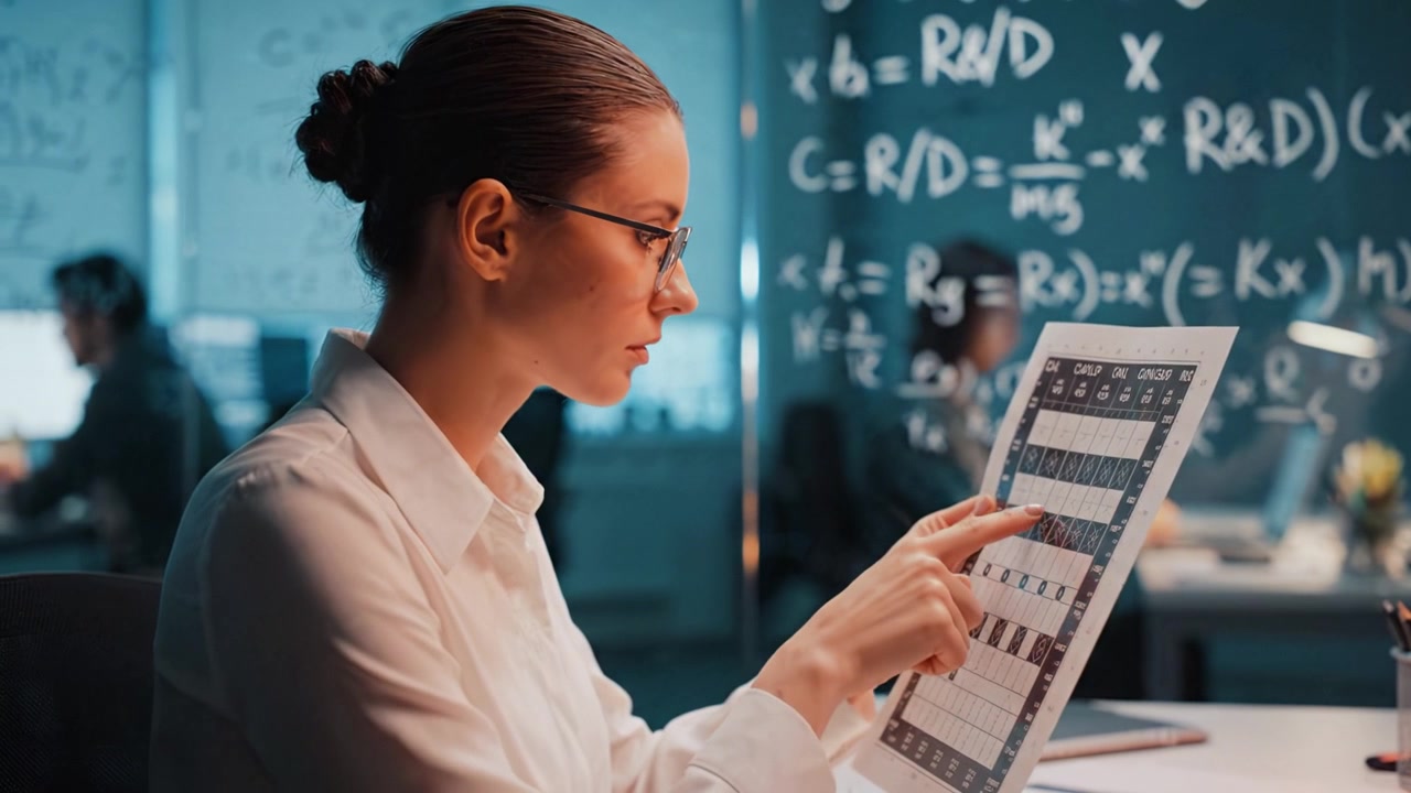 Focused Professional Analyzing Data Report with Mathematical Equations in Background During Work Hours in Modern Office Environment
