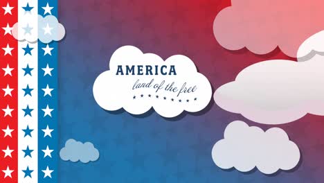 Animation-Des-Amerikanischen-Landes-Des-Freien-Textes-über-Sternenbanner-Und-Wolken-Der-Amerikanischen-Flagge