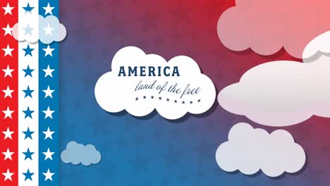 animación de américa tierra del texto libre sobre la bandera estadounidense estrellas y rayas y nubes