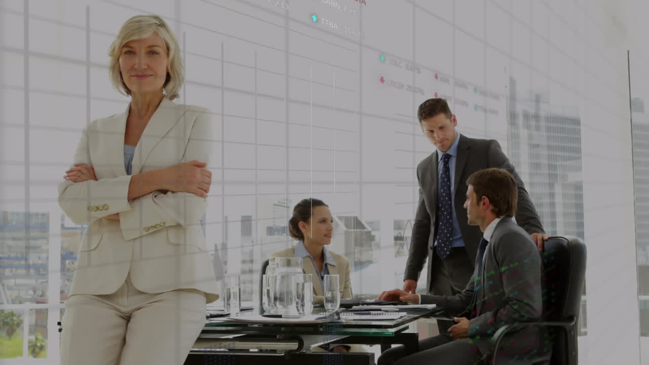 Animation of stock market data processing over caucasian senior businesswoman standing in office
