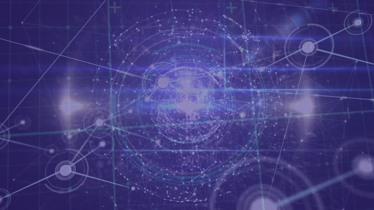 animación de la red de conexiones sobre el globo y senderos de luz contra un fondo azul.