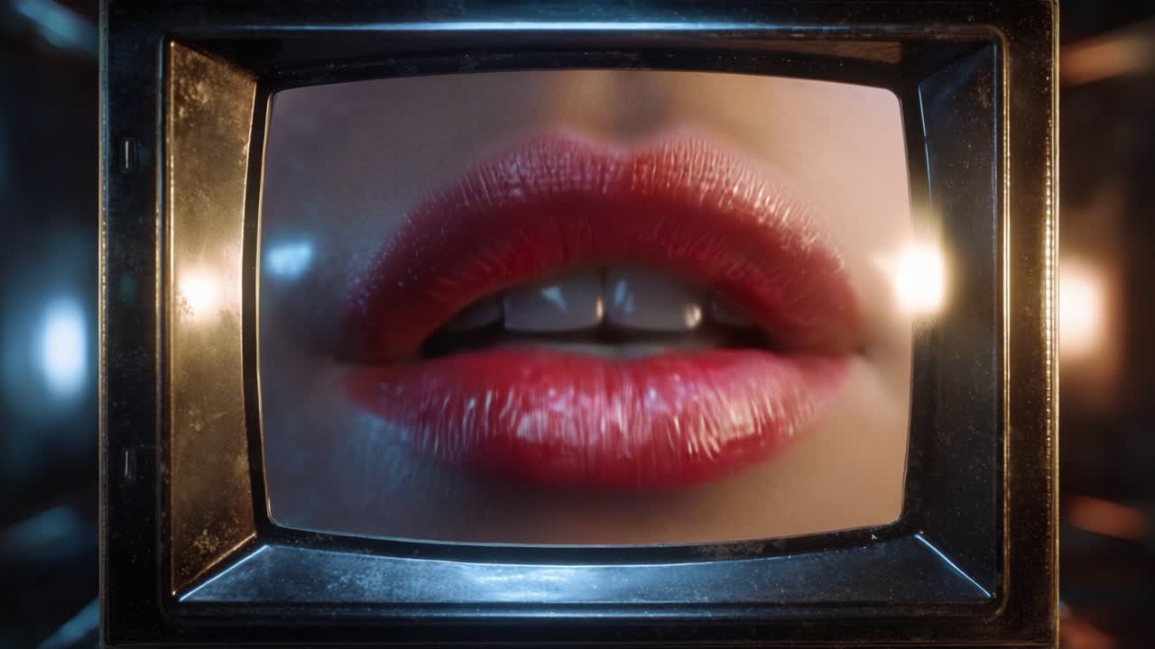 Primo piano di labbra lucide incorniciate da uno schermo televisivo vintage, che evidenzia il contrasto tra bellezza moderna e tecnologia retrò.