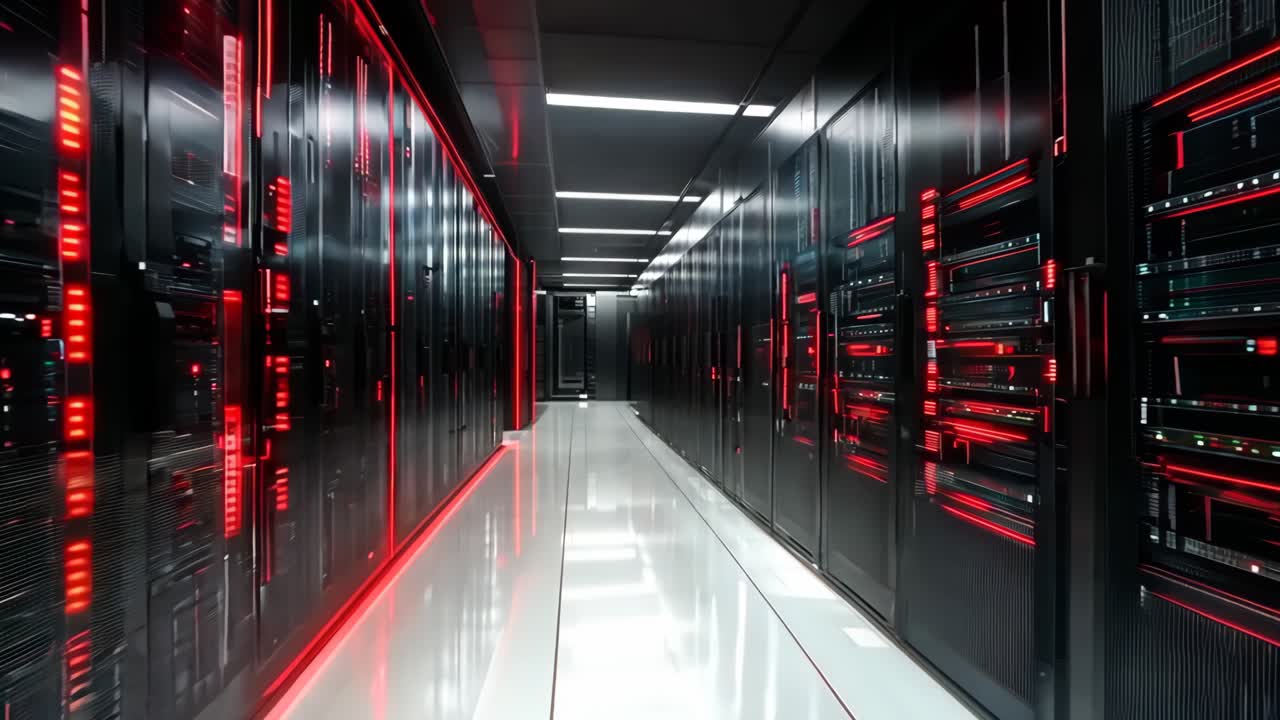 un largo pasillo en una sala de servidores con filas de servidores