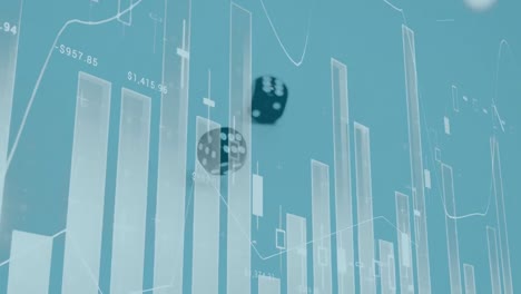 animation of financial data processing over two dice falling on blue background